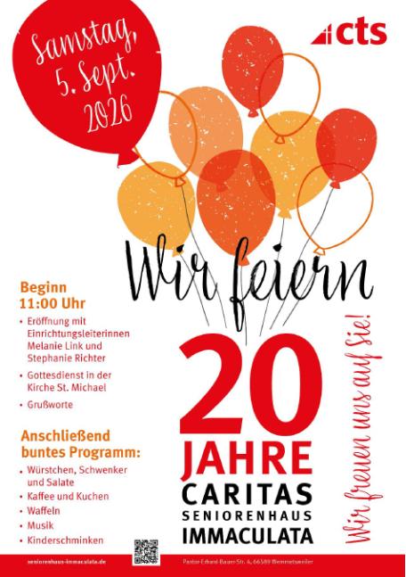 Plakat zum 20-jährigen Jubiläum des SeniorenHauses Immaculata Wemmetsweiler. Es zeigt einen bunen Strauß Luftballons und Angaben zum Termin, Ort und Programm der Feier.