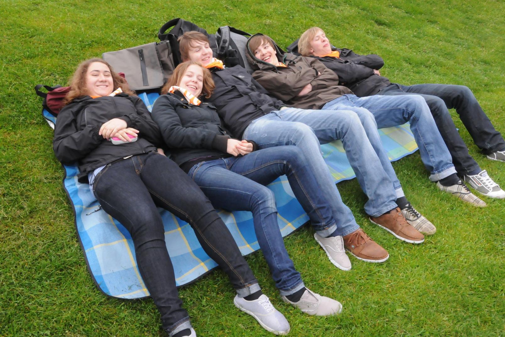 Fünf Jugendliche chillen auf blau-karierten Picknickdecken im Park