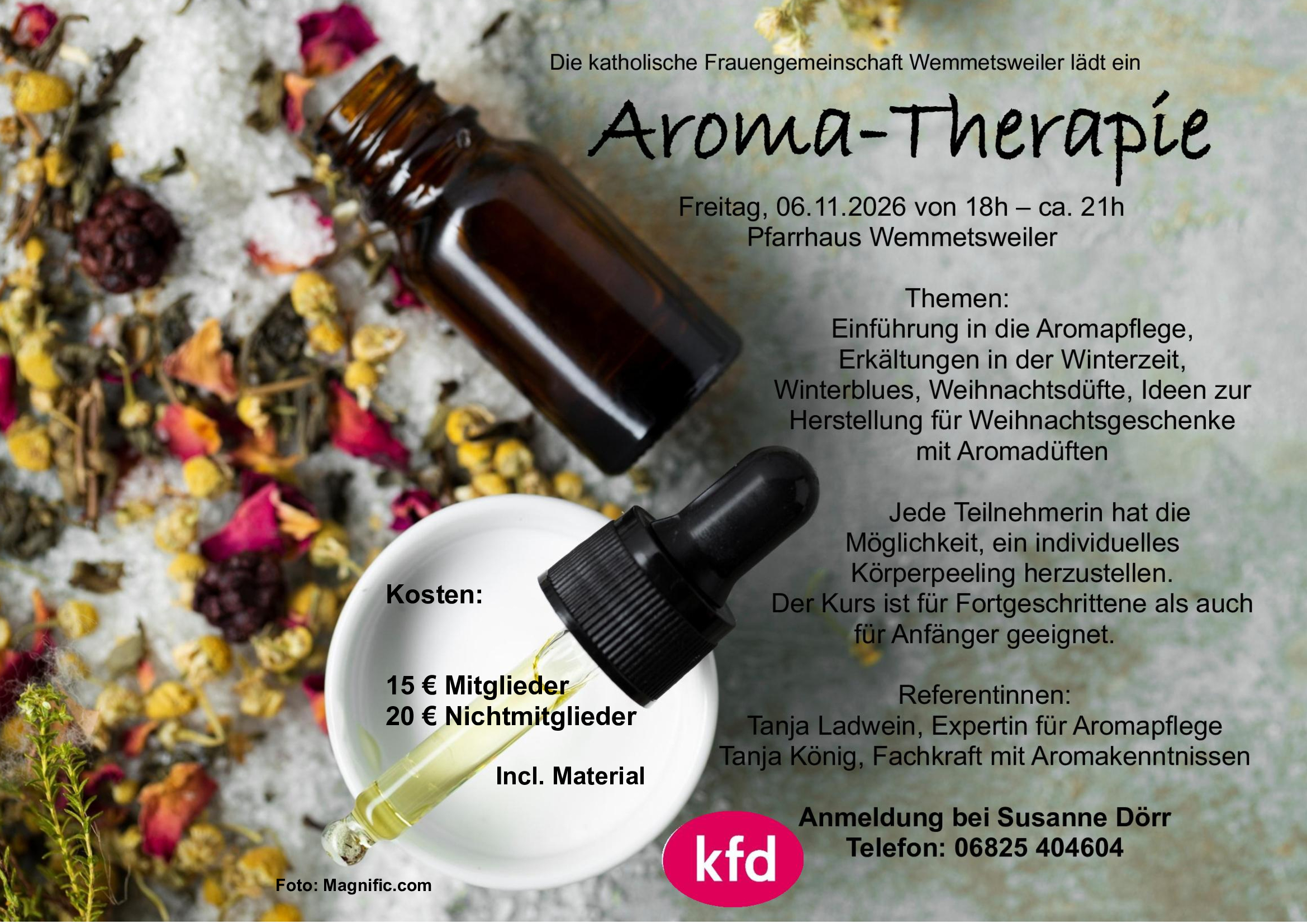 Einladung zum Aroma-Therapie-Abend Plakat zum Aroma-Therapie-Abend mit Angaben zu Inhalt, Ort und Zeit der Veranstaltung