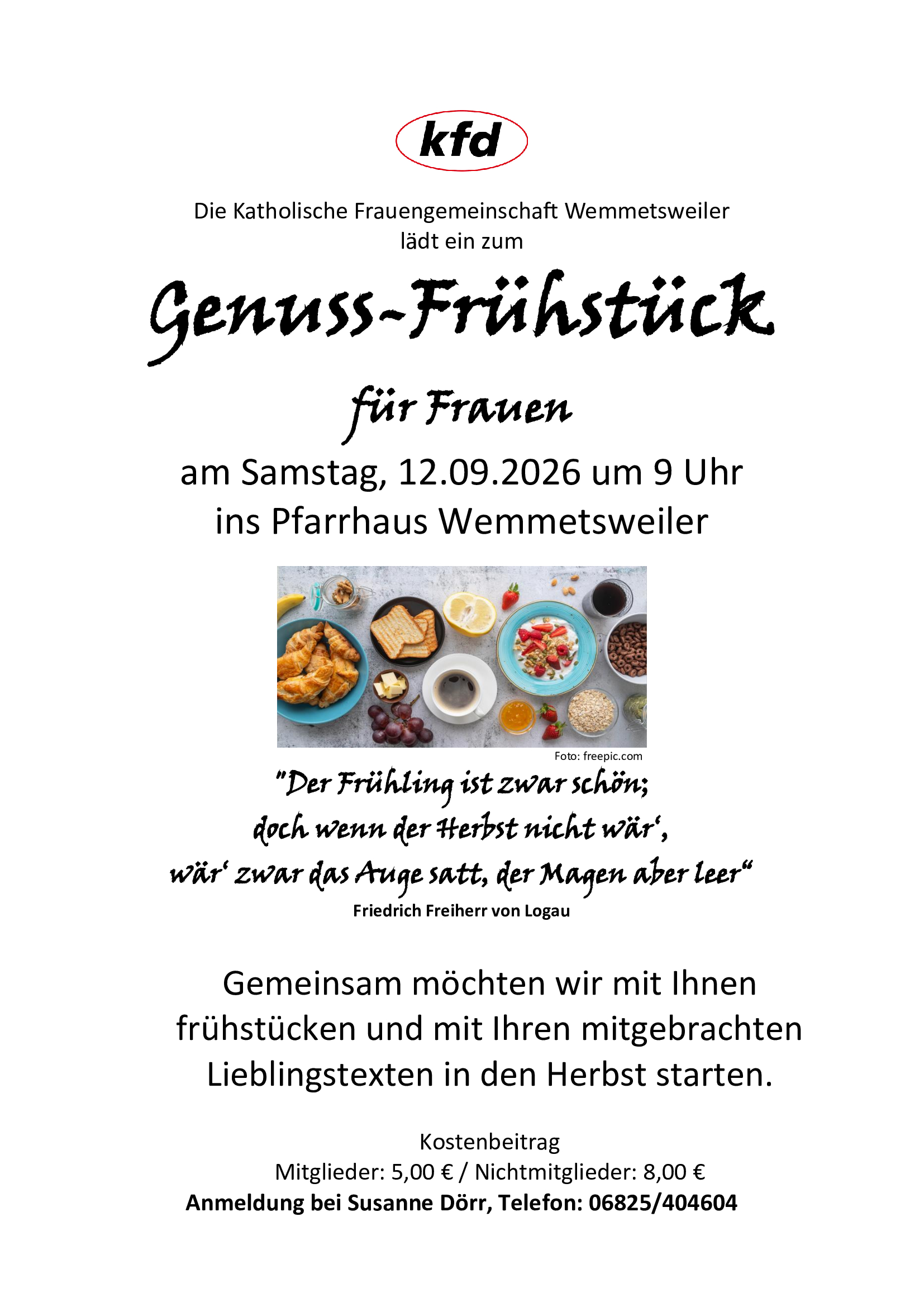 Plakat zur Ankündigung des Genussfrühstücks für Frauen, mit den Angaben zu Zeit, Ort und Kosten. In der Mitte ein Bild von einem gedeckten Frühstückstisch.