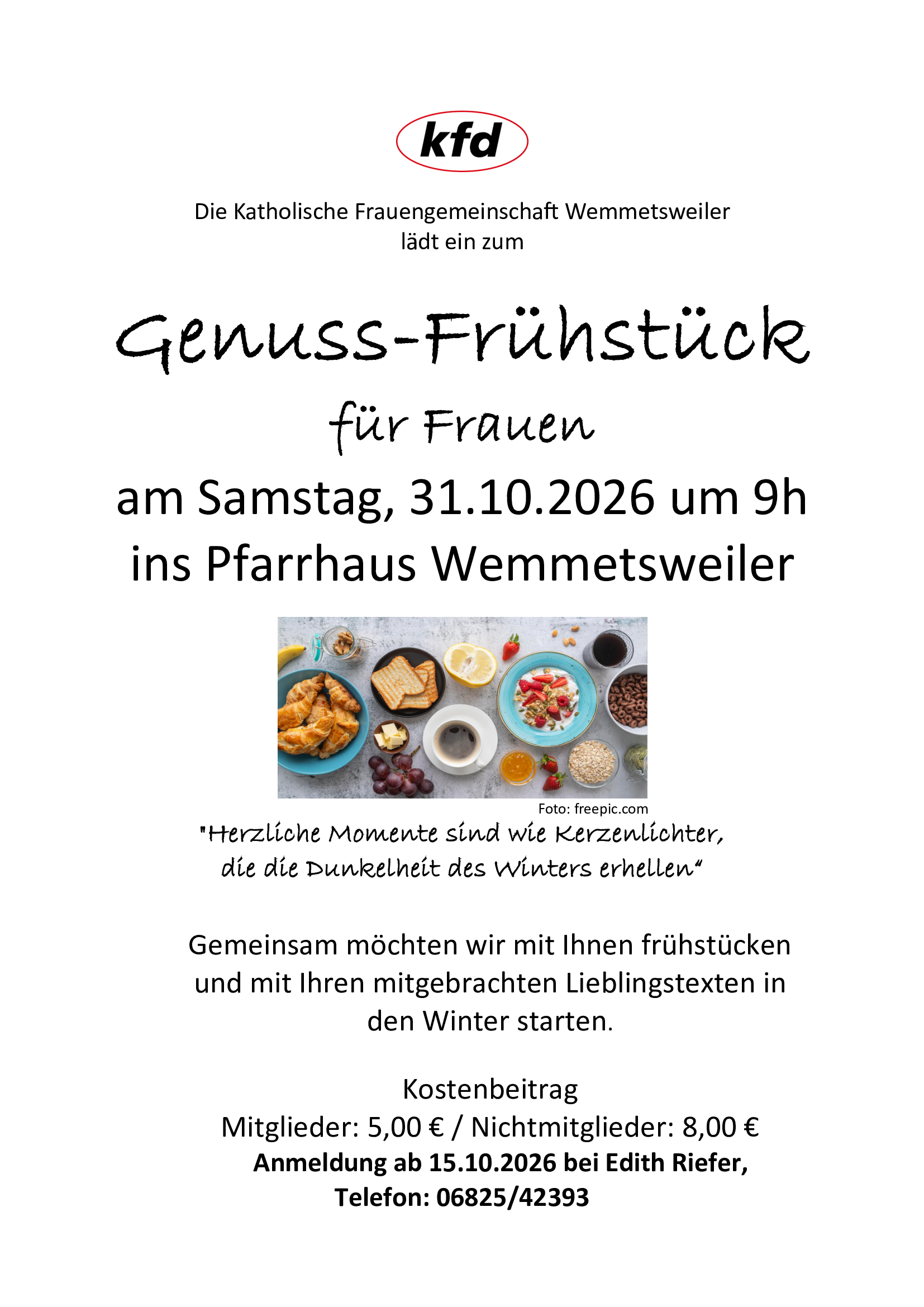 Einladung zum Genuss-Frühstück für Frauen Plakat zum Genuss-Frühstück für Frauen am 31. Oktober 2026 mit Angaben zu Zeit, Ort und Kosten