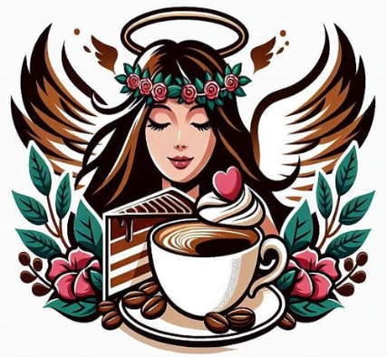 Das bild zeigt eine Illustration von einem weiblichen Engel. Im Vordergrund ein Stück Torte, eine Tasse Kaffee und Blumendekoration rechts und links.
