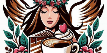 Das bild zeigt eine Illustration von einem weiblichen Engel. Im Vordergrund ein Stück Torte, eine Tasse Kaffee und Blumendekoration rechts und links.