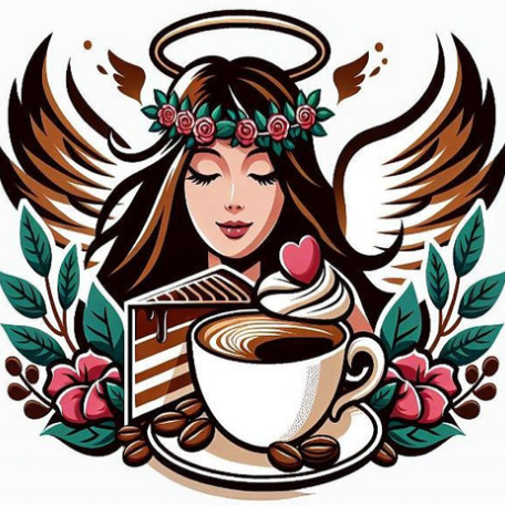 Das bild zeigt eine Illustration von einem weiblichen Engel. Im Vordergrund ein Stück Torte, eine Tasse Kaffee und Blumendekoration rechts und links.