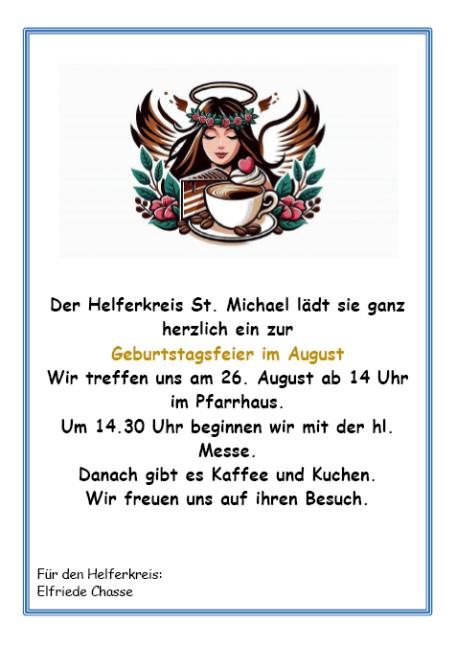 Plakat zur Einladung zur Geburtstagsfeier des Helferkreises im August 2026. Es zeigt das Helferkreis-Bild (Engel, im Vordergrund ein Stück Torte und eine Tasse Kaffee und Blumendeko rechts und links vom Teller)