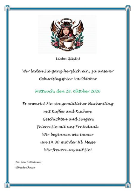 Helferkreis St. Michael, Einladung zur Geburtstagsfeier im Oktober Plakat zur Geburtstagsfeier mit Angaben zu Ort und Zeit