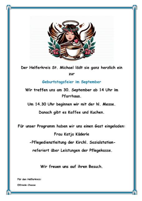 Plakat / Einladung zur Geburtstagsfeier im September mit Angaben zu Ort und Zeit