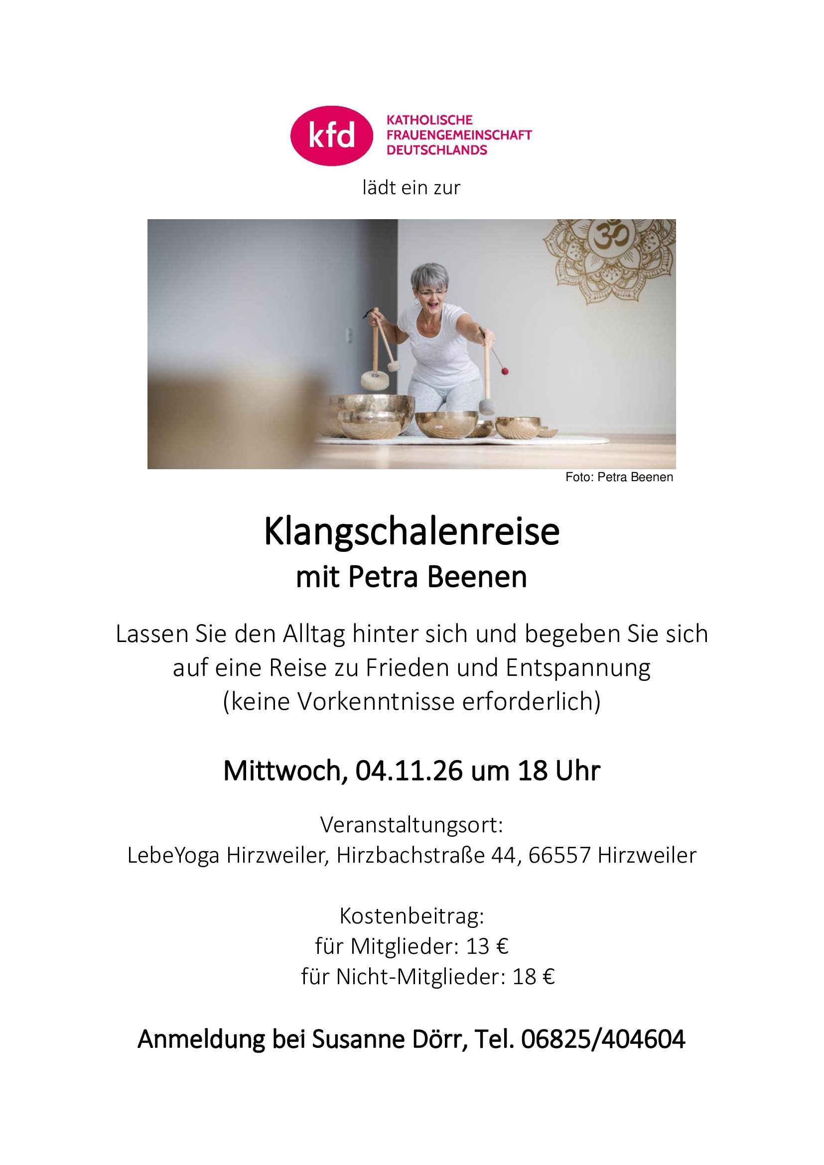 Einladung zur Klangschalenreise Plakat zur Veranstaltung 'Klangschalenreise' mit Angaben zu inhalt, Ort, Zeit und Kosten