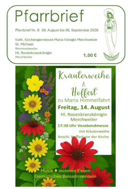 Titelbild vom Pfarrbrief 9-2026 - es zeigt das Plakat zum Hoffest am 14. August 2026 vor der Kirche Hl. Rosenkranzkönigin Merchweiler