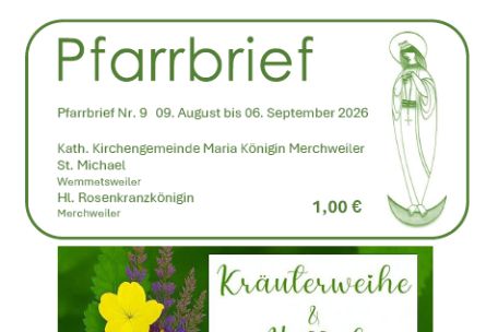 Titelbild vom Pfarrbrief 9-2026 - es zeigt das Plakat zum Hoffest am 14. August 2026 vor der Kirche Hl. Rosenkranzkönigin Merchweiler