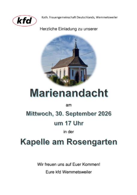 Plakat / Einladung zur Marienandacht in der Kapelle am Rosengarten am 30. September 2026